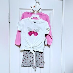 3pc DKNY butterfly print short & long sleeve shirt w/ gray flare leggings/Sz: 3T